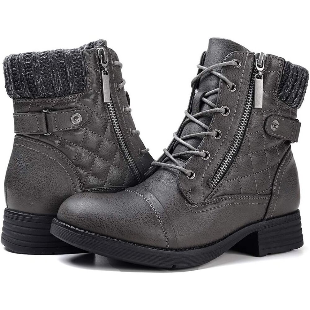 Stq Women's Grey Synthetic Side Zipper Combat Boots Lace Up Ankle Booties